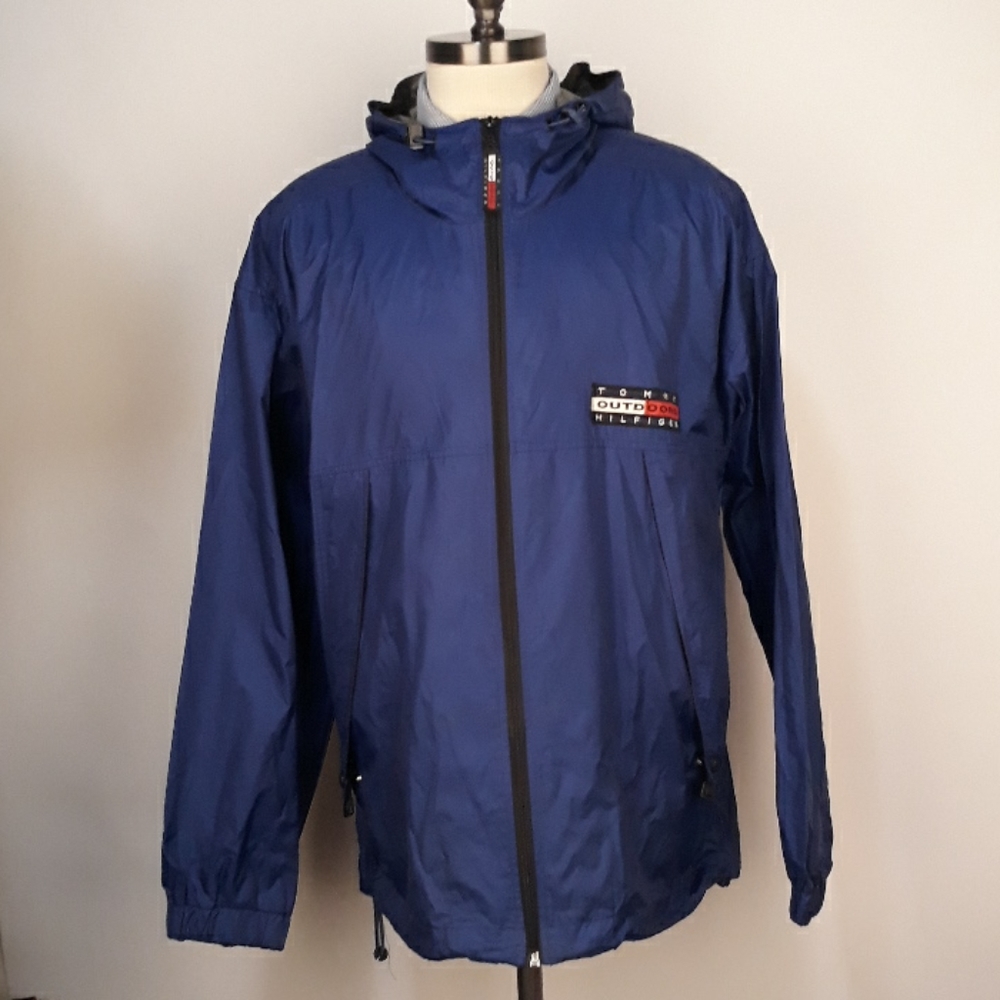 TOMMY HILFIGER Dark Blue Patch Outdoors Shell Jacket Sz L RARE VTG
